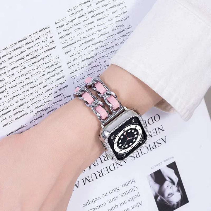 Schönes Edelstahl "Glamir" Damen Armband mit feinen veganen Lederriemchen Meinesmartwatchwelt.de